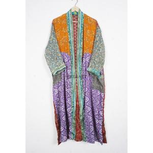 India Handmade Women's Plaid <b>Printed</b> Silk Sari Kimono Robe V-Neck Drawstring Closure Full-Length Long Sleeves Beachwear - Product Image 1