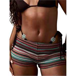 Shorts décontractés bohèmes pour femmes, en tricot rayé, taille basse, avec poches, respirants, coupe régulière, coton/polyester, haute qualité, logo personnalisé - Product Image 1