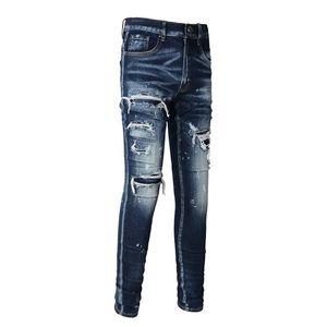 Jean en denim pour homme, coupe skinny taille mi-haute, respirant, écologique, style streetwear, délavé, effet déchiré et moustaches de peinture - Product Image 3