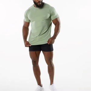 T-shirt à manches courtes pour homme, vert olive, coupe ajustée, séchage rapide, col rond, tricot uni, décontracté, sportif, tissu jersey - Product Image 4