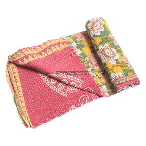 Colcha Kantha Vintage Lavable Hecha a Mano, 100% Algodón, Diseño Indio Estampado, Modelo GD2202 de Rajasthan - Product Image 1