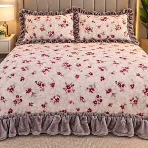 Luxury Winter Bedsheet Set <b>King</b> <b>Size</b> with 2 <b>Pillow</b> Covers Soft Plush Fleece Floral Printed Bedding Ruffled Frill Border Warm - Product Image 1
