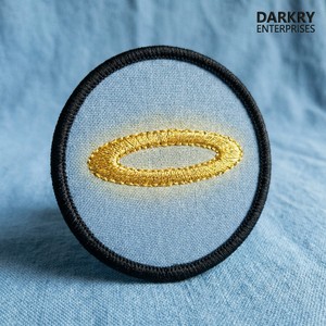 Parche bordado a máquina con diseño de halo dorado en tela azul claro redonda personalizada, para coser o planchar en gorras, uniformes, chaquetas y ropa. - Product Image 1