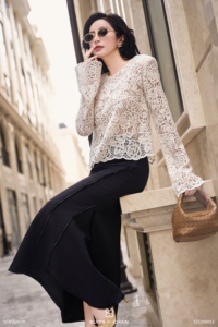 Women's Feminine <b>Long</b>-Sleeve Lace Blouse EMBERLY Vietnam 100% Polyester Regular Lace trumpet Sleeve Breathable - Product Image 3
