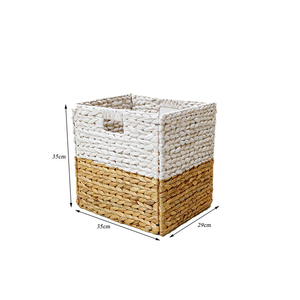 <b>Square</b> Woven Rattan Storage <b>Basket</b> Two-Tone White and Natural Handmade Minimalist Design for Living Room Organization - Product Image 2
