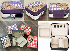 Boîte à bijoux de luxe artisanale en cuir de vachette repoussé style western, motif damier, étui de rangement pour bagues de voyage pour cowgirl, support cadeau - Product Image 3