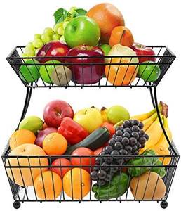 Panier à fruits et légumes à 2 niveaux en bois et métal avec 2 supports pour bananes pour le rangement de la cuisine à domicile - Product Image 1