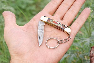 Cuchillo de bolsillo de acero de Damasco al por mayor, mini herramienta multiusos de madera, sacacorchos portátil, cuchillo plegable, logotipo personalizado, abridor de botellas EDC profesional - Product Image 3