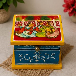 Handmade Wooden Square <b>Box</b> With Folk Art Painting Blue And Yellow Decorative Design Tabletop Collectible Art Piece - Product Image 3