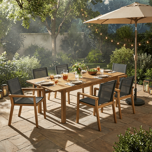 Set da Pranzo Moderno da Esterno in Legno di Acacia, 7 Pezzi: 6 Sedie e 1 Tavolo Grande per Giardino, Prato o Terrazza - Product Image 1