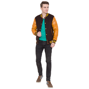 Men's Brown Orange Varsity Jacket Canvas Sleeve Regular Fit Stand Collar <b>Button</b> Closure Casual Outerwear Winter Wear Reversible - Product Image 1