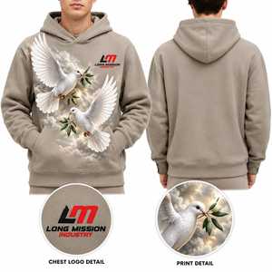 เสื้อฮู้ดผู้ชาย Long Mission Industry ผ้าฝ้ายฟลีซ 100% พิมพ์ลายซับลิเมชั่นรูปนกพิราบสีขาว ดีไซน์ลำลองสำหรับใส่ในฤดูหนาว - Product Image 1