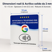 Plaque NFC personnalisée en acrylique italien pour avis Google, 12x12cm, intelligente et sans contact, avec adhésif puissant pour comptoir de restaurant