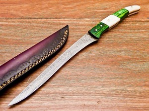 Damascus Steel Fillet <b>Knife</b> Serrated Edge Drop Point Blade Wood <b>Bone</b> <b>Handle</b> Industrial Grade 13" Overall Length 1 Year Warranty - Product Image 4