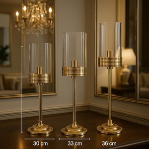 Luxury Gold Metal <b>Candle</b> Stand Set With Glass <b>Hurricanes</b> Decorative Accent Perfect For Living Room And Dining Table From India - Product Image 4
