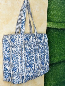 Boho Handmade Quilted Striped Fashion <b>Tote</b> Bag Cotton Blue Large Shoulder Shopping Bag Reusable <b>Travel</b> Beach Carryall - Product Image 2