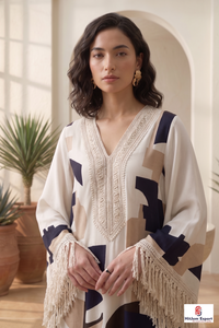 Vestido Kaftan de Verano para Mujer, Estampado Geométrico, Largo hasta la Rodilla, Manga Regular, Cuello en V, Rayón, Corte en A - Product Image 6