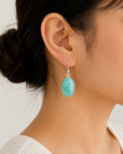 Natural Amazonite Gemstone Drop Earrings 925 <b>Sterling</b> <b>Silver</b> Oval Cabochon Ear <b>Wire</b> Handmade Third Party Certified Jewelry Women - Product Image 3