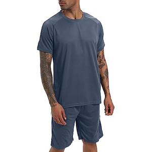 Ensemble de shorts de sport décontractés pour hommes, été, gris clair, t-shirt à col rond, tricoté, 100% coton, respirant, couleur unie, manches courtes - Product Image 2