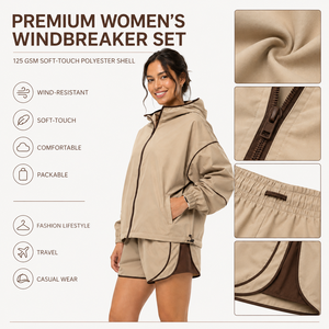 Ensemble sportif 2 pièces à capuche pour femme, short en polyester beige, tenue à séchage rapide, coupe ample, vêtements de printemps et d'été - Product Image 3