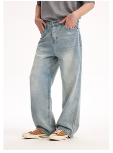 Jeans OEM 100% Coton Lavé Effet Vieilli Coupe Droite Bleu Clair Denim Brut Unisexe Basique Polyvalent Coupe Décontractée - Product Image 4