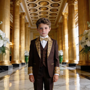 Costume de smoking marron pour garçons avec broderie dorée, ensemble de vêtements formels pour mariage et fête pour enfants - Product Image 1