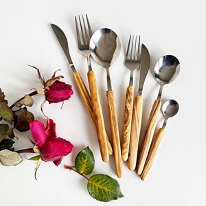 Juego de cubiertos de metal de diseño con mango de madera, juego de cubiertos de acero inoxidable, cuchara, tenedor y cuchillo, colección de vajilla de lujo - Product Image 1