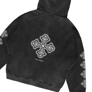 Custom Heavyweight <b>Black</b> <b>Fleece</b> Cross Hoodie Boxy Fit Oversized Streetwear Embroidered Mens Pullover - Product Image 4