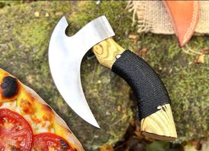 Hand Carved Pizza Cutter : Viking Style Burn Wood Handle ulu knife For Pizza Slicer & Restaurant Used - Product Image 5
