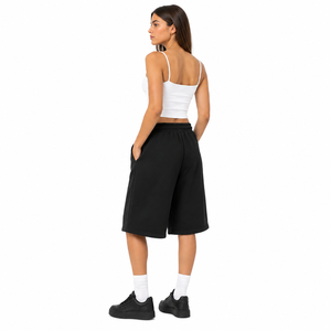 <b>Women's</b> <b>Black</b> Bermuda Sweat <b>Shorts</b> Mid Waist Drawstring Loose Fit Casual Solid Color Fleece Material Knee Length With Pockets - Product Image 3
