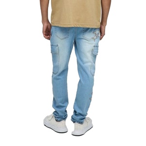 Pantalon cargo en jean délavé pour homme, coupe slim, taille mi-haute, broderie géométrique étoile, décontracté, pour le printemps - Product Image 2