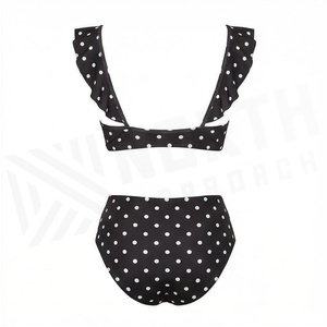 Conjunto de bikini negro con lunares para mujer, top con volantes, pantalones de cintura alta, traje de baño de dos piezas - Product Image 3