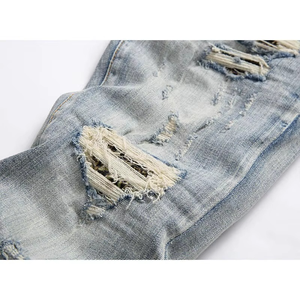 Jeans décontractés en denim tricoté imprimé pour homme, coupe droite, délavés et déchirés, style streetwear, taille moyenne, personnalisables en usine - Product Image 3