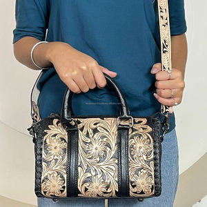 Luxury Western Style Tooled Floral Carving Leather Duffel <b>Bags</b> Genuine Leather Durable <b>Crossbody</b> Travel Weekender Women Handbags - Product Image 3