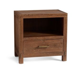 Brown <b>Teak</b> Wood Nightstand Open Upper Shelf 1 Drawer <b>Bedside</b> <b>Table</b> with Gold Brass Handle - Product Image 1