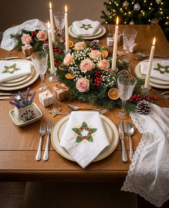 Serviette en tissu de coton personnalisée brodée étoile Noël dîner serviette ourlet serviettes de table maison hôtel vacances - Product Image 6