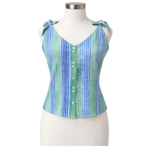 Conjunto de Top Corto con Tirantes Finos y Pantalones Cortos con Botones, Diseño Nuevo, Estampado a Rayas Verde, Estampado a Mano, Traje de Dos Piezas para Mujer, Ropa de Playa de Verano - Product Image 1