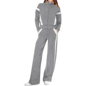 Conjunto Deportivo Gris a Rayas para Mujer, 2 Piezas, Chaqueta con Cierre y Pantalones Anchos, Ropa Deportiva Casual de Moda - Product Image 1