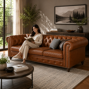 Canapé Chesterfield moderne en cuir véritable avec capitonnage profond et accoudoirs roulés pour un mobilier de salon de luxe - Product Image 4