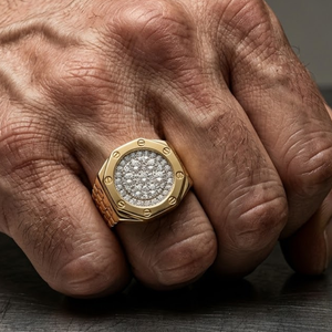 Anillo Premium de Oro Amarillo de 18k con Eslabones Octagonales, Diseño Pavé con Tornillos y Racimo de Diamantes Naturales, Joyería Hip Hop para Hombre, Regalo de Navidad - Product Image 2