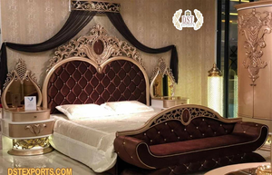 Cama de Madera de Teca Tallada de Primera Calidad y Muebles de Dormitorio, Cama de Lujo con Acabado Dorado Tallado a Mano con Mesa de Noche, Cama King Size Real - Product Image 3