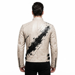 Custom Logo Men's Real Leather <b>Biker</b> <b>Jacket</b> Cream <b>White</b> Paint Splash Artwork Stand Collar Zip Cuffs Buckle Straps Private Label - Product Image 4