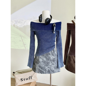 Mode Simple classique tricoté pull Slash cou épaules dénudées à manches longues pulls Flare manches automne hiver Y2K Streetwear - Product Image 1