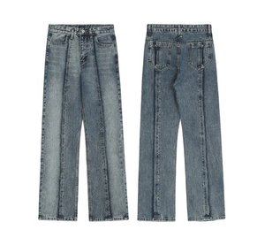 Jean en denim pour homme, coupe droite classique, écologique, respirant, délavé, taille haute, déchiré, style vintage streetwear, personnalisé - Product Image 1