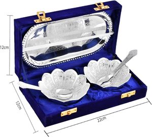 KAKA ENTERPRISES Silver Plated Brass Bowl Set 2 Spoons | Modern Handmade Lightweight German Design Royal Velvet Gift <b>Box</b> - Product Image 3