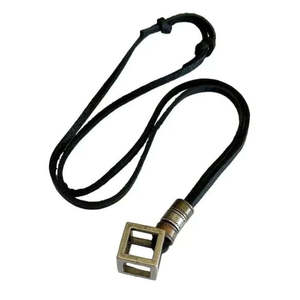 Vintage Alloy Cubical Pendant with Adjustable Black Leather Cord Necklace for Men - Product Image 3