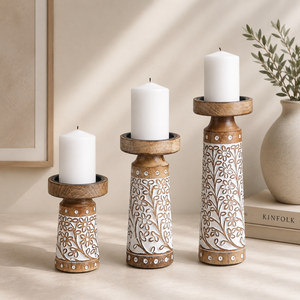 Juego de 3 Portavelas de Madera de Mango Tallada con Diseño Floral Bohemio, Hechos a Mano con Incrustaciones Blancas para una Decoración de Mesa Elegante - Product Image 1