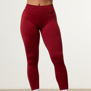Leggings de yoga taille haute longueur intégrale couleur unie sans couture pour femme, pantalon de sport en Spandex et Polyester rouge avec taille élastique - Product Image 3