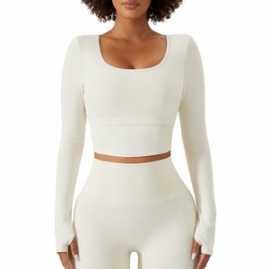 Camiseta de Yoga de Manga Larga para Mujer, Corte Ajustado, Ropa Deportiva, Camiseta Elástica para Gimnasio, Transpirable, Cómoda, Ligera, con Logotipo Frontal - Product Image 2