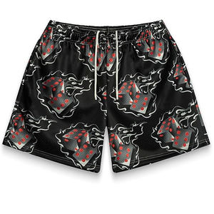 Shorts de sport pour hommes en polyester noir à imprimé dés flamboyants par sublimation, coupe ample, taille à cordon de serrage, bordure noire, pour MMA - Product Image 1
